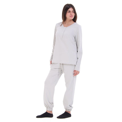 Women Fall Pajama Set Light Grey buttoned sweatshirt + pants